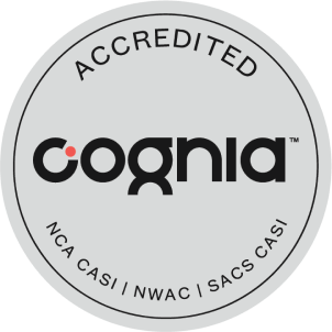 Sello acreditación Cognia con texto "ACCREDITED", "Cognia" y "NCA CASI | NWAC | SACS CASI